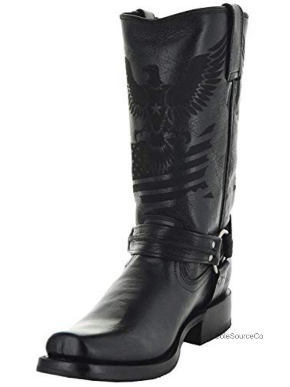 Men's Leather Harness Boots Square Toe Mid-Calf Pull-On Western Motorcycle